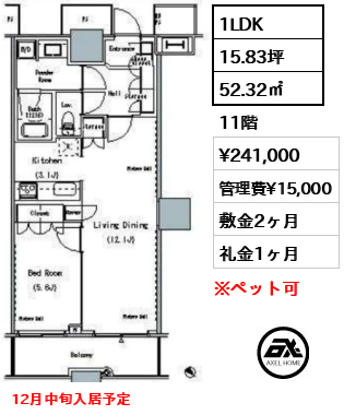 1LDK 52.32㎡  賃料¥241,000 管理費¥15,000 敷金2ヶ月 礼金1ヶ月 12月中旬入居予定