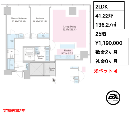 2LDK 136.27㎡  賃料¥1,190,000 敷金2ヶ月 礼金0ヶ月 定期借家2年