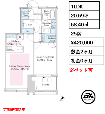 1LDK 68.40㎡  賃料¥420,000 敷金2ヶ月 礼金0ヶ月 定期借家2年
