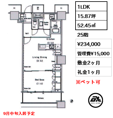 1LDK 52.45㎡  賃料¥234,000 管理費¥15,000 敷金2ヶ月 礼金1ヶ月 9月中旬入居予定