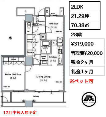 2LDK 70.38㎡  賃料¥319,000 管理費¥20,000 敷金2ヶ月 礼金1ヶ月 12月中旬入居予定