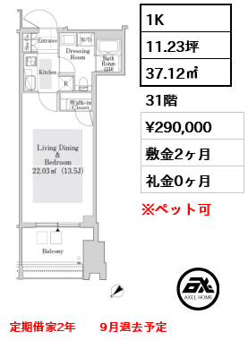 1K 37.12㎡  賃料¥290,000 敷金2ヶ月 礼金0ヶ月 定期借家2年　　9月退去予定