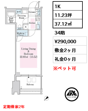 1K 37.12㎡  賃料¥290,000 敷金2ヶ月 礼金0ヶ月 定期借家2年