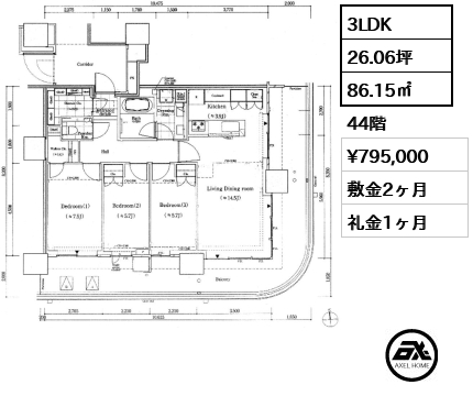 3LDK 86.15㎡  賃料¥795,000 敷金2ヶ月 礼金1ヶ月