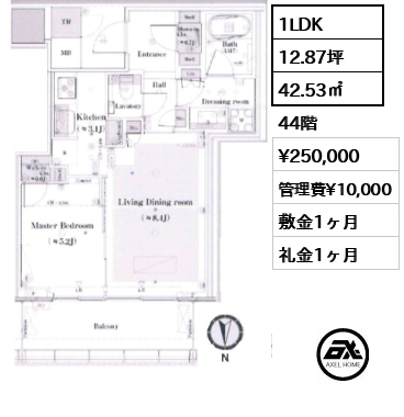 1LDK 42.53㎡  賃料¥250,000 管理費¥10,000 敷金1ヶ月 礼金1ヶ月