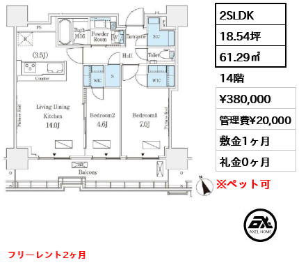 2SLDK 61.29㎡  賃料¥380,000 管理費¥20,000 敷金1ヶ月 礼金0ヶ月 フリーレント2ヶ月