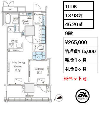 1LDK 46.20㎡  賃料¥265,000 管理費¥15,000 敷金1ヶ月 礼金0ヶ月