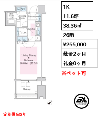 1K 38.36㎡  賃料¥255,000 敷金2ヶ月 礼金0ヶ月 定期借家3年　