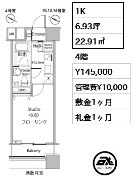 1K 22.91㎡  賃料¥145,000 管理費¥10,000 敷金1ヶ月 礼金1ヶ月