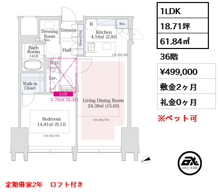 1LDK 61.84㎡  賃料¥499,000 敷金2ヶ月 礼金0ヶ月 定期借家2年　ロフト付き