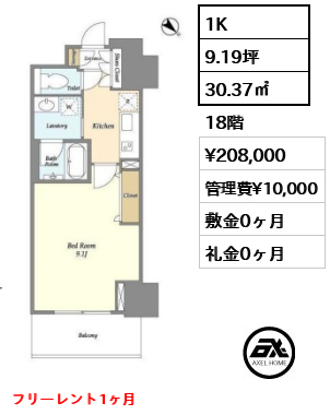 1K 30.37㎡  賃料¥208,000 管理費¥10,000 敷金0ヶ月 礼金0ヶ月 フリーレント1ヶ月　　