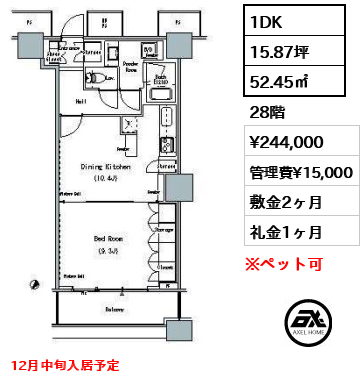 1DK 52.45㎡  賃料¥244,000 管理費¥15,000 敷金2ヶ月 礼金1ヶ月 12月中旬入居予定