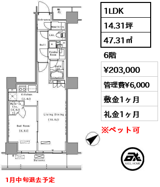 1LDK 47.31㎡  賃料¥203,000 管理費¥6,000 敷金1ヶ月 礼金1ヶ月 1月中旬退去予定