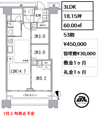 3LDK 60.00㎡  賃料¥450,000 管理費¥30,000 敷金1ヶ月 礼金1ヶ月 7月上旬退去予定