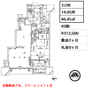 1LDK 46.45㎡  賃料¥313,500 敷金2ヶ月 礼金0ヶ月 定期借家２年、フリーレント１ヶ月