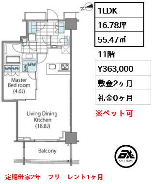 1LDK 55.47㎡  賃料¥363,000 敷金2ヶ月 礼金0ヶ月 定期借家2年　フリーレント1ヶ月