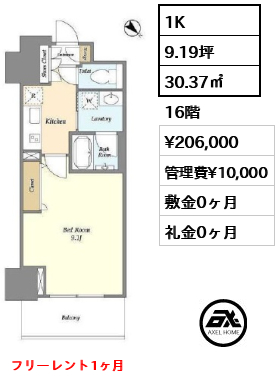 1K 30.37㎡  賃料¥206,000 管理費¥10,000 敷金0ヶ月 礼金0ヶ月 フリーレント1ヶ月