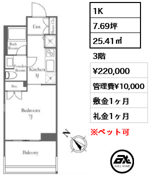 1K 25.41㎡  賃料¥220,000 管理費¥10,000 敷金1ヶ月 礼金1ヶ月
