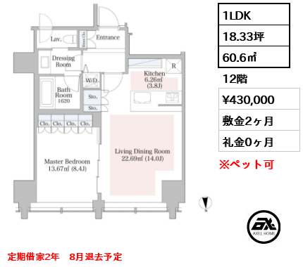 1LDK 60.6㎡  賃料¥430,000 敷金2ヶ月 礼金0ヶ月 定期借家2年　8月退去予定
