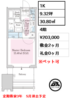 1K 30.80㎡  賃料¥203,000 敷金2ヶ月 礼金0ヶ月 定期借家3年　5月退去予定