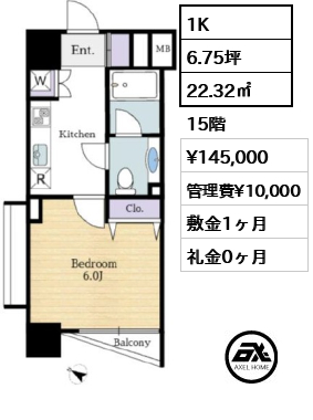 1K 22.32㎡  賃料¥145,000 管理費¥10,000 敷金1ヶ月 礼金0ヶ月