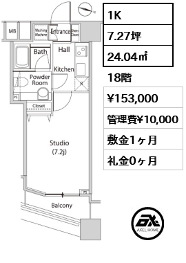 1K 24.04㎡  賃料¥153,000 管理費¥10,000 敷金1ヶ月 礼金0ヶ月