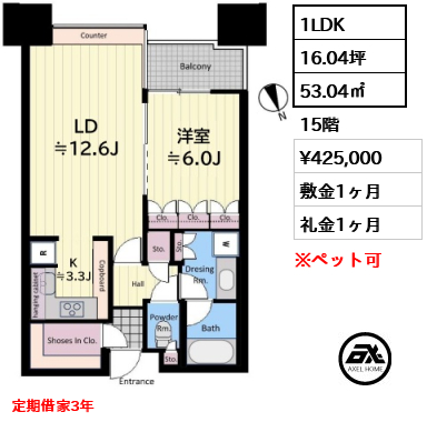 1LDK 53.04㎡  賃料¥425,000 敷金1ヶ月 礼金1ヶ月 定期借家3年