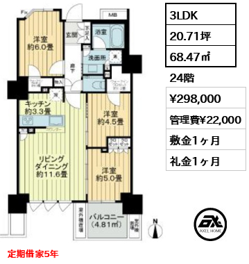 3LDK 68.47㎡  賃料¥298,000 管理費¥22,000 敷金1ヶ月 礼金1ヶ月 定期借家5年