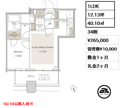 1LDK 40.10㎡  賃料¥265,000 管理費¥10,000 敷金1ヶ月 礼金2ヶ月 10/10以降入居可　
