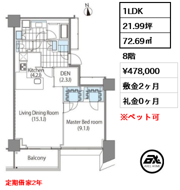 1LDK 72.69㎡  賃料¥478,000 敷金2ヶ月 礼金0ヶ月 定期借家2年