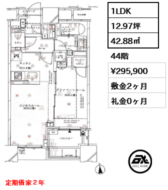 1LDK 42.88㎡  賃料¥295,900 敷金2ヶ月 礼金0ヶ月 定期借家２年