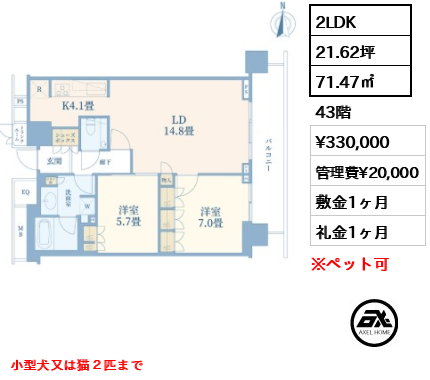 2LDK 71.47㎡  賃料¥330,000 管理費¥20,000 敷金1ヶ月 礼金1ヶ月 小型犬又は猫２匹まで