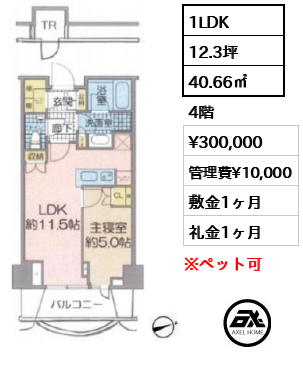 1LDK 40.66㎡  賃料¥300,000 管理費¥10,000 敷金1ヶ月 礼金1ヶ月
