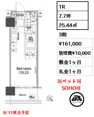 1R 25.44㎡  賃料¥161,000 管理費¥10,000 敷金1ヶ月 礼金1ヶ月 8/11退去予定