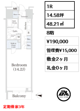 1R 48.21㎡  賃料¥190,000 管理費¥15,000 敷金2ヶ月 礼金0ヶ月 定期借家3年
