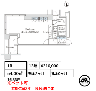 1R 54.00㎡  賃料¥310,000 敷金2ヶ月 礼金0ヶ月 定期借家2年　9月退去予定