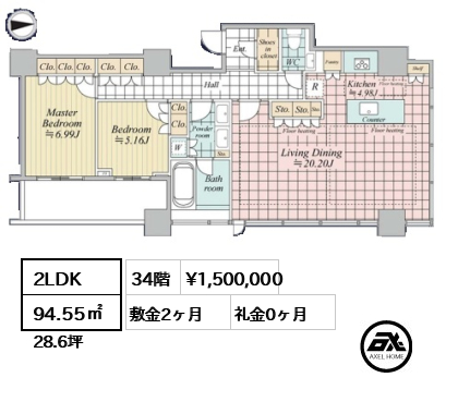 2LDK 94.55㎡  賃料¥1,500,000 敷金2ヶ月 礼金0ヶ月