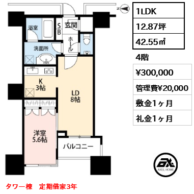 間取り14 1LDK 42.55㎡  賃料¥300,000 管理費¥20,000 敷金1ヶ月 礼金1ヶ月 タワー棟 定期借家3年
