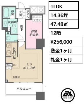 1LDK 47.48㎡  賃料¥256,000 敷金1ヶ月 礼金1ヶ月