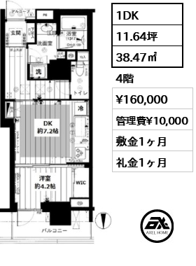 1DK 38.47㎡  賃料¥160,000 管理費¥10,000 敷金1ヶ月 礼金1ヶ月