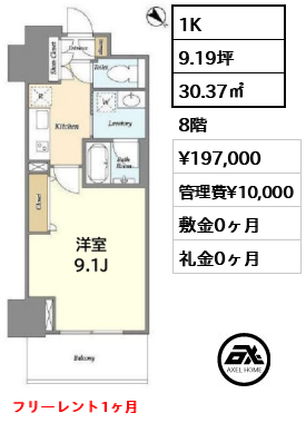 1K 30.37㎡  賃料¥197,000 管理費¥10,000 敷金0ヶ月 礼金0ヶ月 フリーレント1ヶ月　
