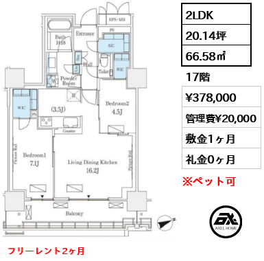 2LDK 66.58㎡  賃料¥378,000 管理費¥20,000 敷金1ヶ月 礼金0ヶ月 フリーレント2ヶ月