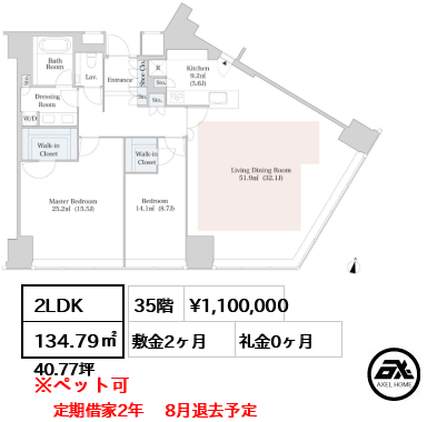 2LDK 134.79㎡  賃料¥1,100,000 敷金2ヶ月 礼金0ヶ月 定期借家2年　 8月退去予定 　　