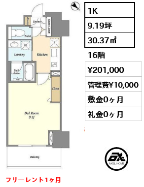 1K 30.37㎡  賃料¥201,000 管理費¥10,000 敷金0ヶ月 礼金0ヶ月 フリーレント1ヶ月　