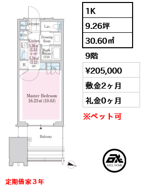 1K 30.60㎡  賃料¥205,000 敷金2ヶ月 礼金0ヶ月 定期借家３年