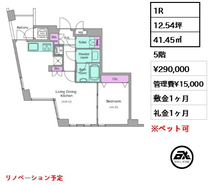 1R 41.45㎡  賃料¥290,000 管理費¥15,000 敷金1ヶ月 礼金1ヶ月 リノベーション予定
