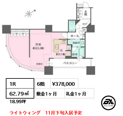 1R 62.79㎡  賃料¥378,000 敷金1ヶ月 礼金1ヶ月 ライトウィング　11月下旬入居予定