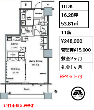 1LDK 53.81㎡  賃料¥248,000 管理費¥15,000 敷金2ヶ月 礼金1ヶ月 12月中旬入居予定
