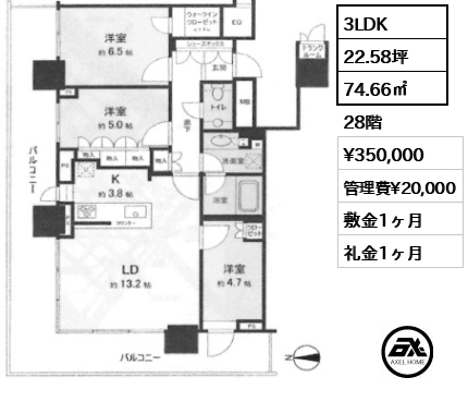 3LDK 74.66㎡  賃料¥350,000 管理費¥20,000 敷金1ヶ月 礼金1ヶ月