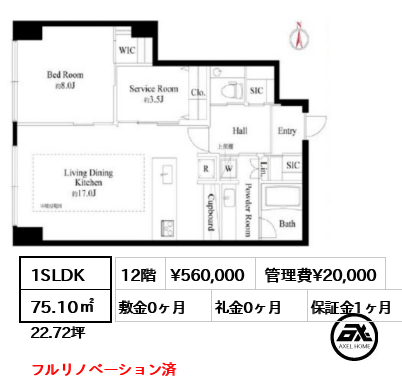 1SLDK 75.10㎡  賃料¥560,000 管理費¥20,000 敷金0ヶ月 礼金0ヶ月 フルリノベーション済　　